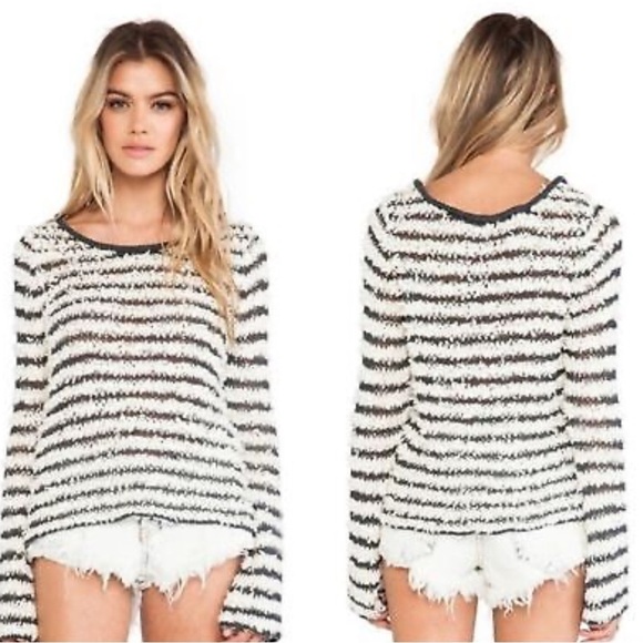 Free People Sweater Boho Fuzzy Stripe Pullover Bell Sleeve Ivory Black M - Picture 1 of 7